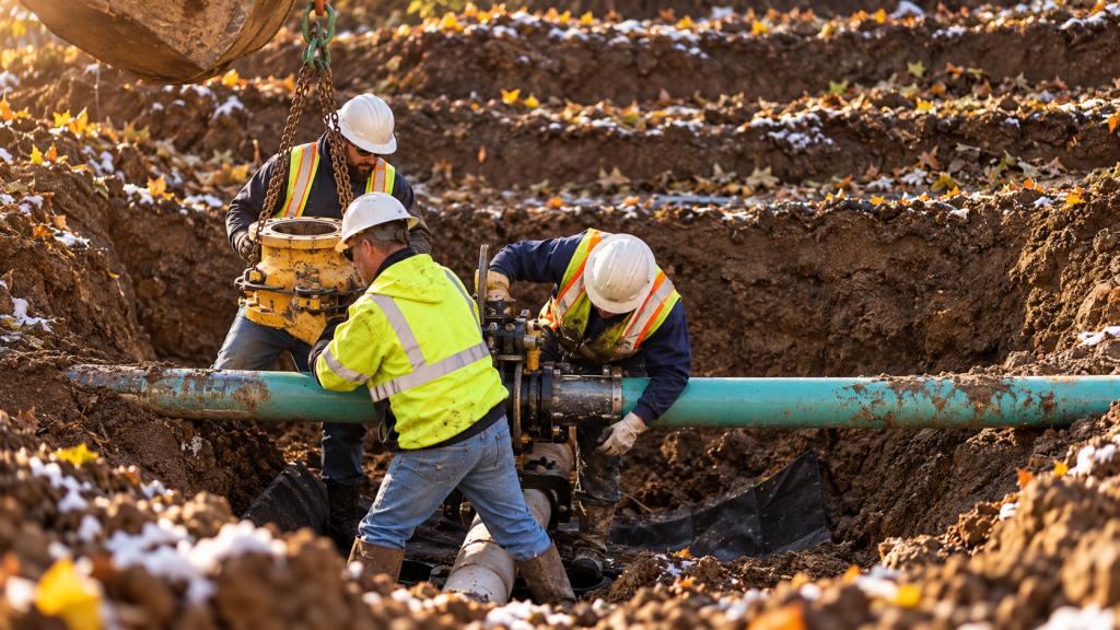 Pipeline crew working at golden hour