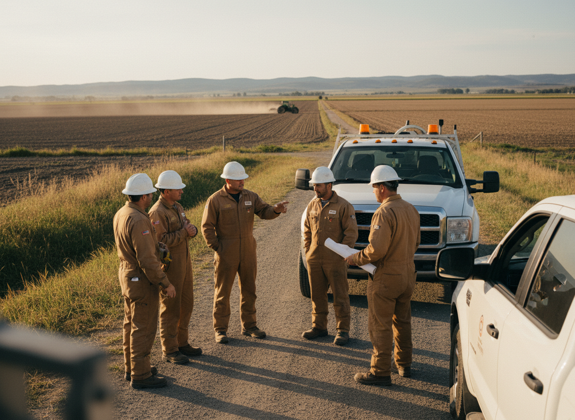 Rural utilities and construction workers in the field, representing the communities True & Noble Co. serves